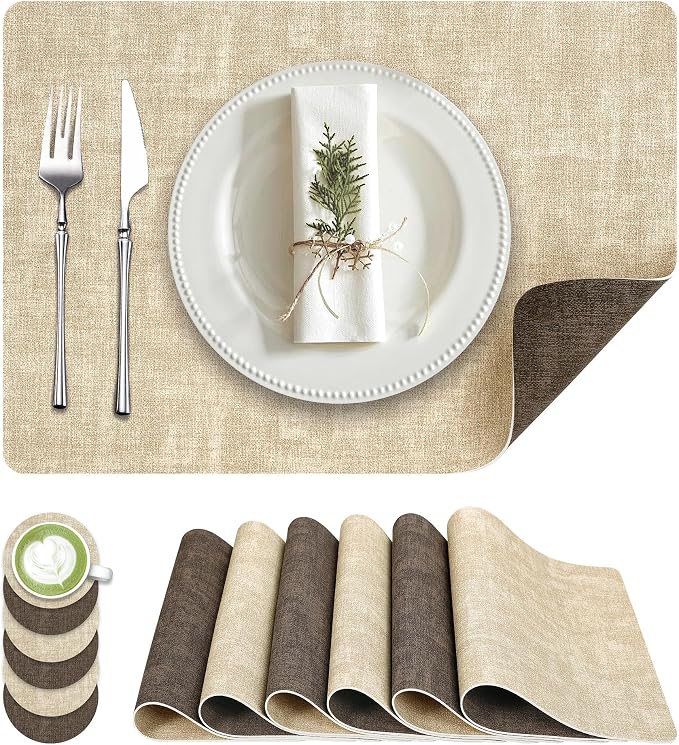 Fyvva Placemats Set of 6 Wipeable Reversible Faux Leather by Fyvva