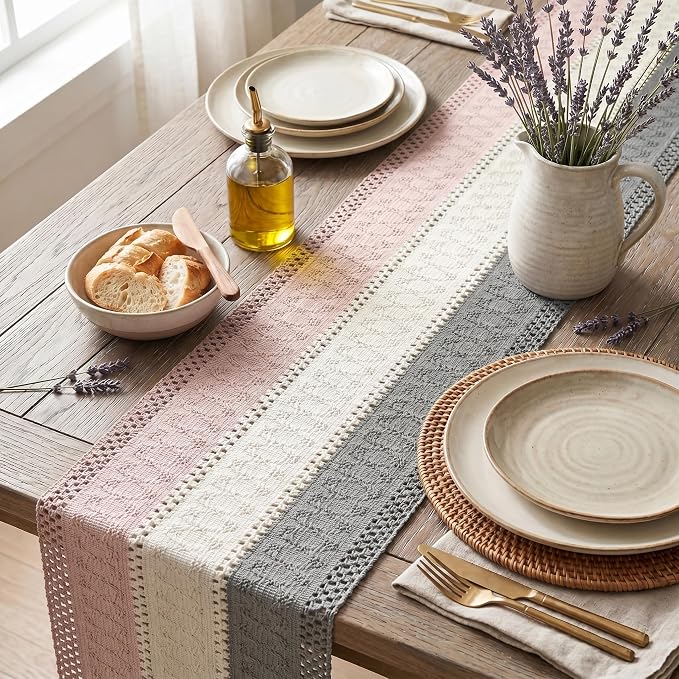 Artoid Mode Grey Beige Pink Farmhouse Rustic Table Runner 12x120 Inch | Holiday - Image 3