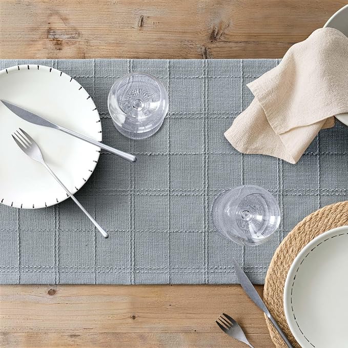 Linen Checked Farmhouse Table Runner, 13x36 Inches Chambray | Raised Grid Design - Image 7