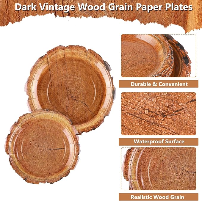 Kochorie 96 Pieces Wood Grain Slice Tableware Sets Rustic Wood Party Supplies - Image 3