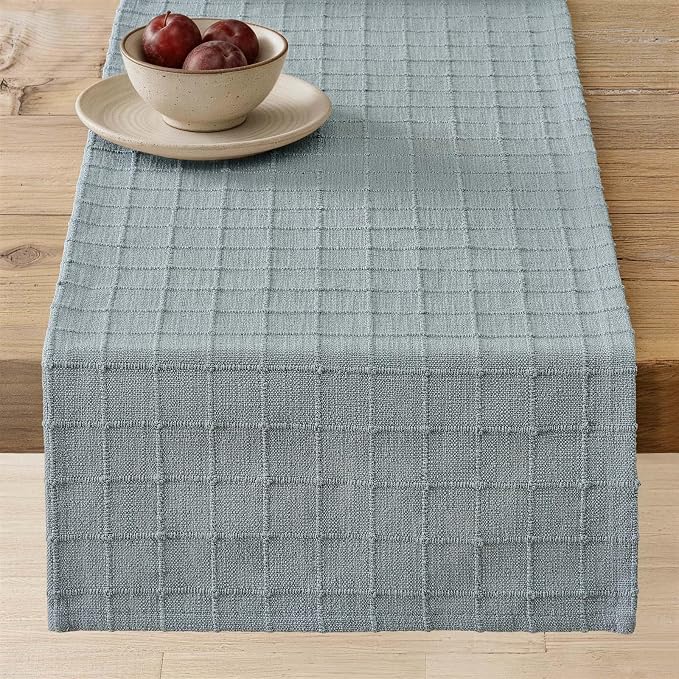 Artisanal Grid Linen Table Runner, 13x72 Inches Chambray | Heavy Textured by ZEEMARTONLINE