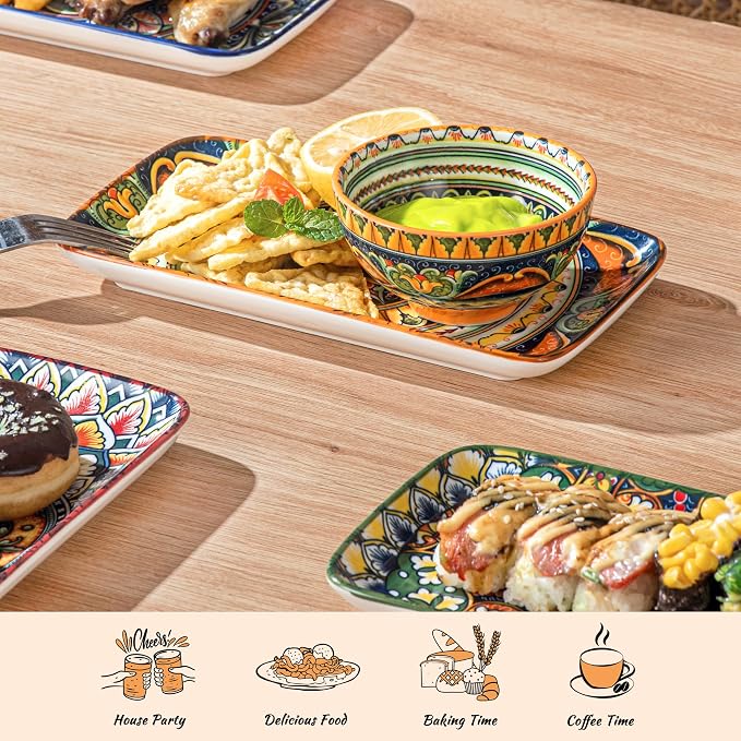 Henten Home Ceramic 8 Inch Salad Plates, Rectangular Snack Plate Set of 6 - Image 5