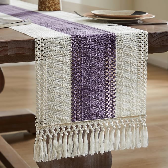 Macrame Style Bicolor Stitching Table Runner 14x108in Purple | Woven Boho Table - Image 7