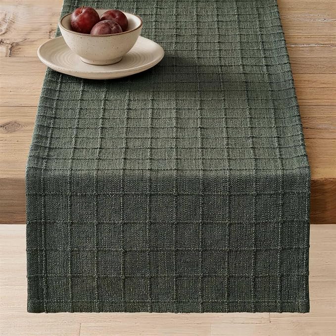 Artisanal Grid Linen Table Runner, 13x48 Inches Army Green | Heavy Textured by ZEEMARTONLINE