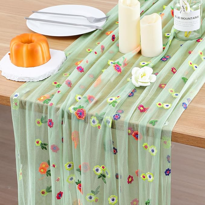 BINBE 3pcs Daisy Spring Table Runner Embroidery Gauze 10FT Florals Seasonal by BINBE