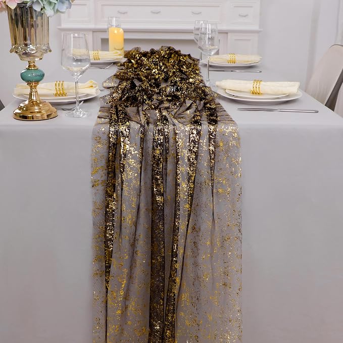 Snowkingdom 6 Pcs Black & Gold Cheesecloth Table Runner 10 FT, Sheer Chiffon - Image 4