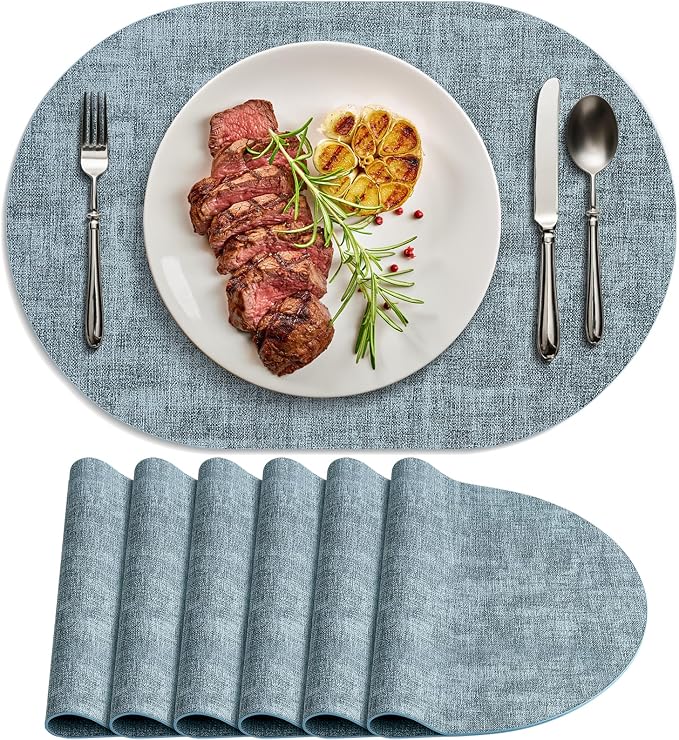 Placemats for Dining Table Set of 6 Non-Slip, Heat Resistant Oval Leather by Delicateandelegantplacemats