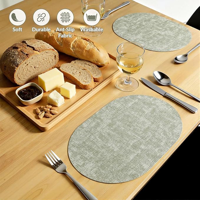 Placemats Set of 8, 11.8 x 17 Inch, Grass Green | Heat Resistant Oval Faux - Image 6