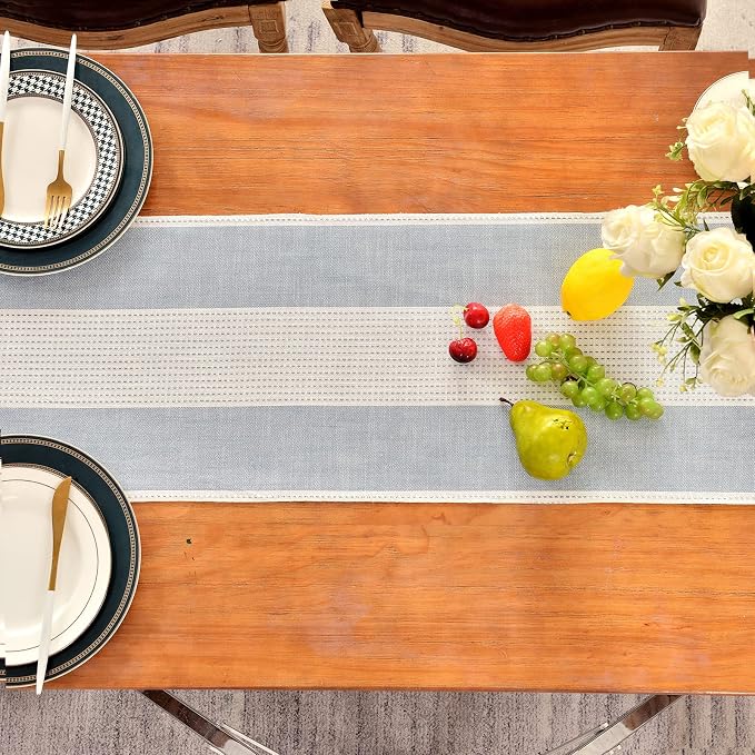 Wracra Linen Table Runner, Stripe Table Runners 48 Inches Long Blue | Delicate - Image 6