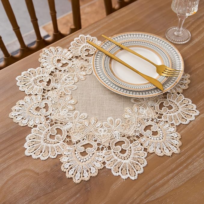 European Antique Jacquard Lace Table Doilies, Small Farmhouse Linen Embroidered - Image 4