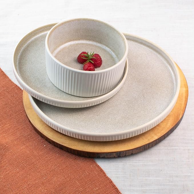Sango 12 Pieces Stoneware Fluted Dinnerware Set, Modern Cream Dishes - Image 3
