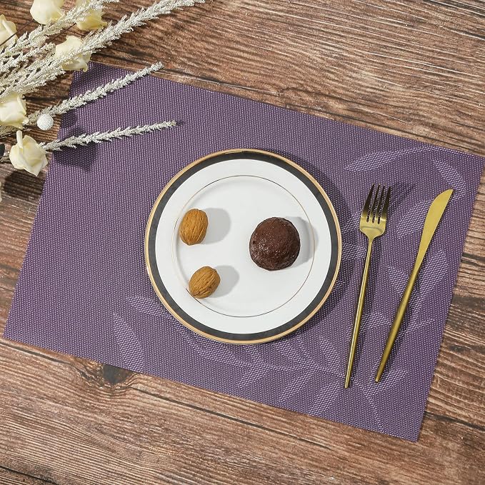 SHACOS Woven Vinyl Placemats Set of 4 Purple Leaf Pattern Place Mats Wipe Clean - Image 9