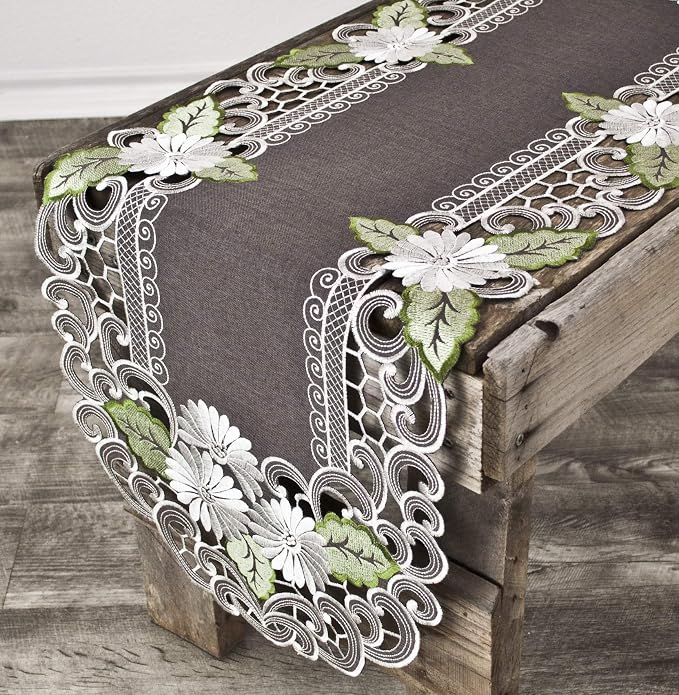 LINENS ART AND THINGS Table Runner Embroidered Pearlescent Daisy Flowers - Image 4