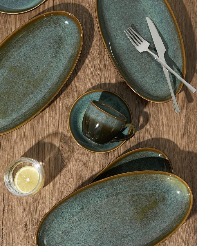 12.8" Oval Serving Platters, Stoneware Party Tray Set - Image 4