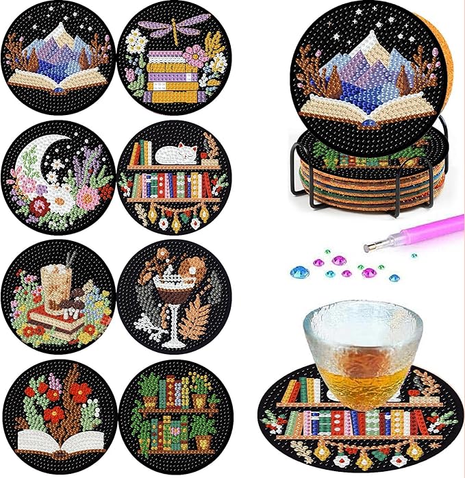 8PCS Bookshelf Diamond Art Coasters by Mrnsiet