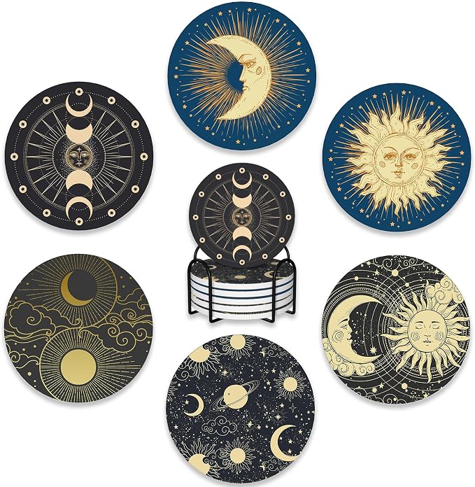 Drink Coasters Set of 6 with Holder, Fit All Cups, Tabletop Protection Mat by BUYIDUI