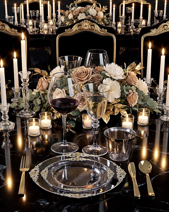 Nervure 600Pcs Clear and Gold Plastic Plates, Dinnerware Set - Image 5