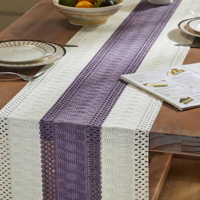 Macrame Style Bicolor Stitching Table Runner 14x108in Purple | Woven Boho Table - Image 5