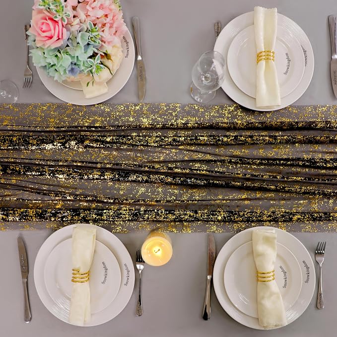 Snowkingdom 6 Pcs Black & Gold Cheesecloth Table Runner 10 FT, Sheer Chiffon - Image 6