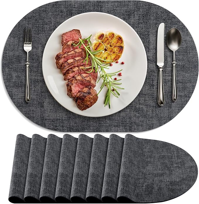 Placemats Set of 8 Non-Slip, Heat Resistant Oval Leather Place mats Double Layer by Delicateandelegantplacemats