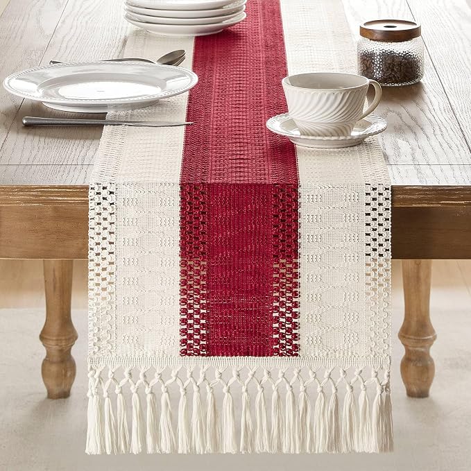 Macrame Style Bicolor Stitching Table Runner 14x108in Red | Woven Boho Table - Image 2