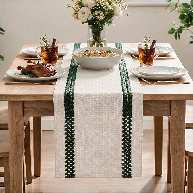 Artoid Mode Forest Green Stripe Woven Rustic Table Runner 12x90 Inch | Holiday - Image 2
