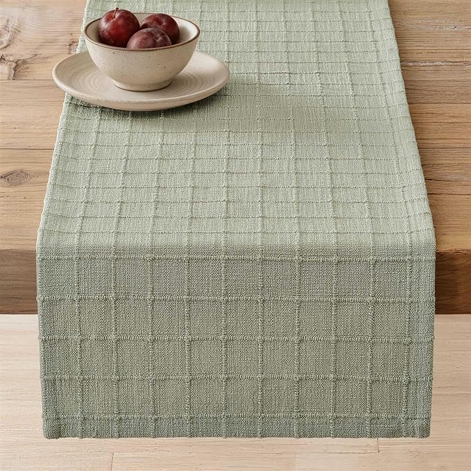 Artisanal Grid Linen Table Runner, 13x60 Inches Seeding Green | Heavy Textured by ZEEMARTONLINE