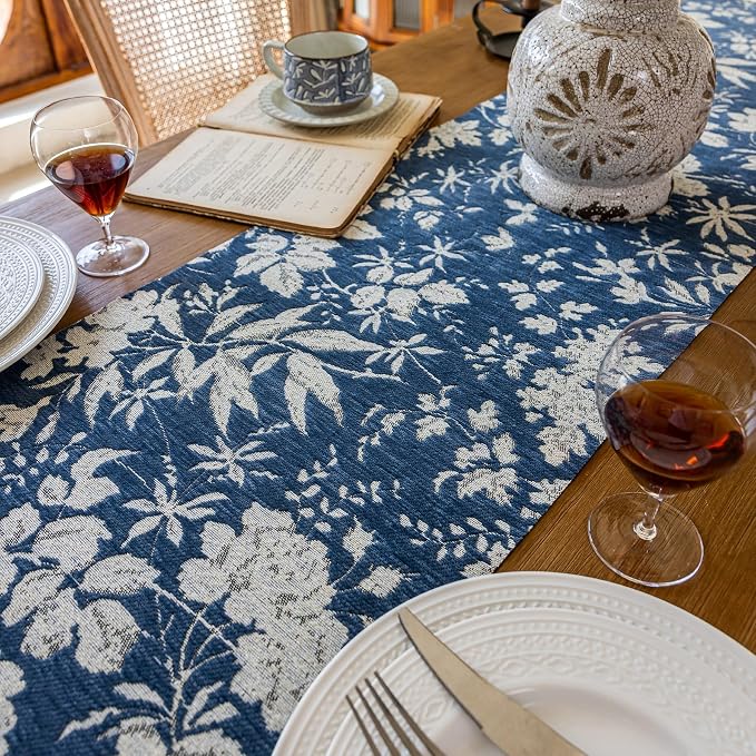 Floral Botanical Jacquard Small Table Runner Blue 13 x 48 Inch | Jacquard Flower - Image 3
