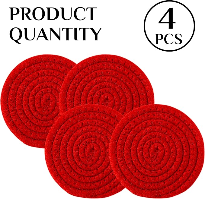 4PCS Red Cotton Round Woven Coasters Drink Handmade Braided Cup Coasters - Image 4
