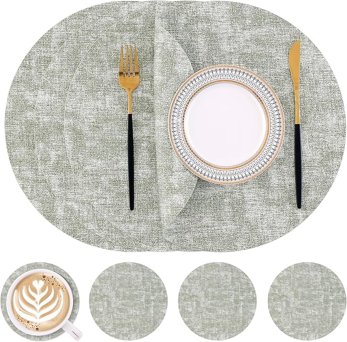 Homaxy Round Faux Leather Placemats and Coasters, Grass Green | Washable by Homaxy