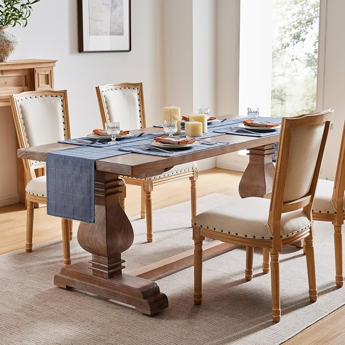 Linen Checked Farmhouse Table Runner, 13x60 Inches Blue | Raised Grid Design - Image 3