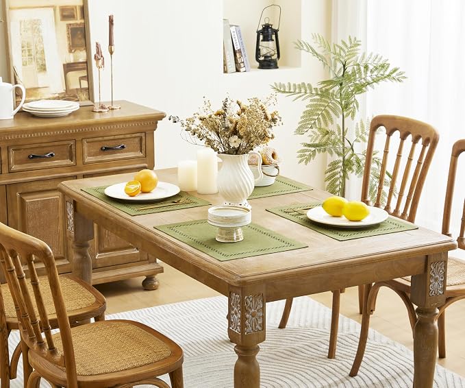 Farmhouse Burlap Hollow Placemats Set of 6, 12 x18 Inch Sage Green | Double - Image 7