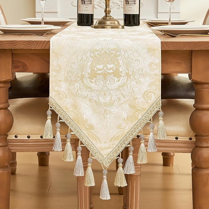 Loom and Mill Elegant Damask Table Runner 13x72 inch, Champagne Gold | Double by LoomandMill