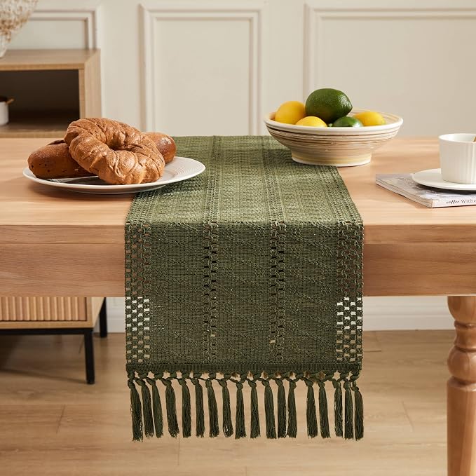 Macrame Style Boho Table Runner, 12x36 Inch Moss | Woven Boho Table Runner - Image 2
