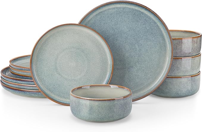 vancasso PLAYA Plates and Bowls Sets, 12 Pieces Light-Blue Dinnerware Sets by vancasso