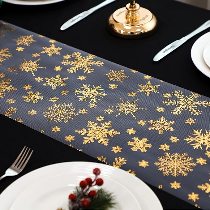 Snowkingdom 2PCS Gold Christmas Snowflake Glitter Table Runner 108 Inch | - Image 4