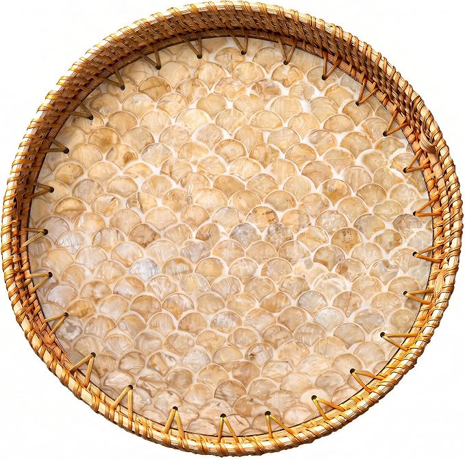 JUNGLE CULTURE Round Rattan Tray Mother of Pearl Inlay • Cascade Light 12” | by JungleCulture