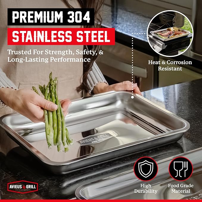 AVIEUS Grill Prep and Serving Trays | Set of 2 Stackable Stainless Steel Trays - Image 4
