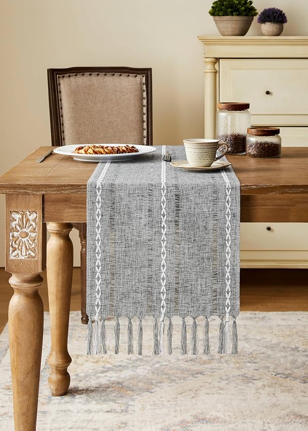 Hemstitched Farmhouse Table Runner, Charcoal 13x48 Inch, Cotton Linen Table - Image 2