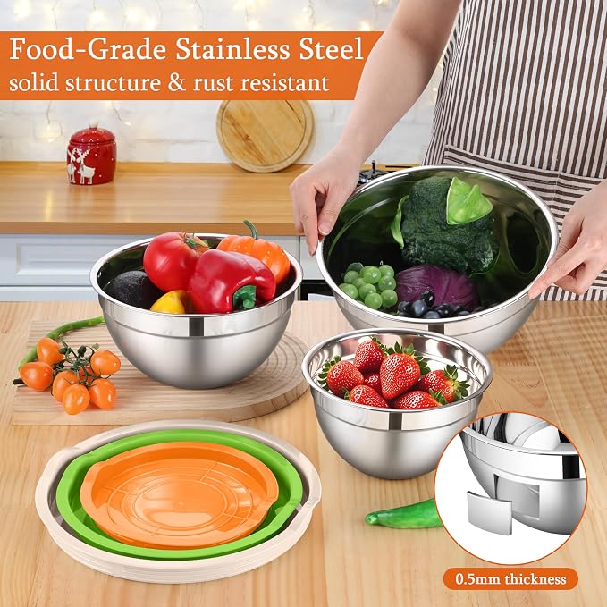 LIANYU Stainless Steel Metal Mixing Bowls, 3 Sizes Large and Small Salad Mixing - Image 3