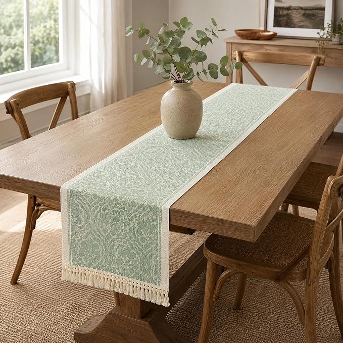 14x72 Botanical Table Runner Waterproof Floral Vine Boho Tassels | Tired of a by UWWGKK