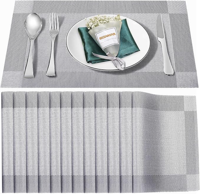Placemats Set of 12, Vinyl Weave Silver Non Slip Table Mats | Heat Resistant by BxzanDya-LifeSmartMaker