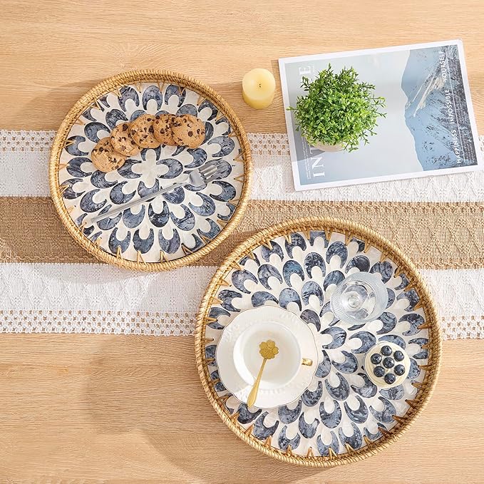 Round Rattan Tray with Mother of Pearl Inlay, Rattan Serving Tray with Wooden - Image 2