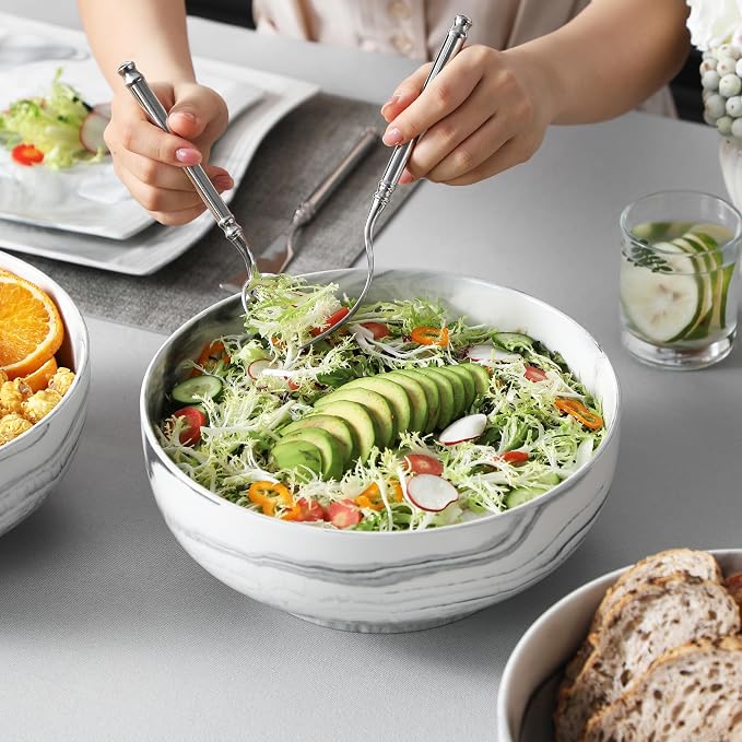 MALACASA Large Serving Bowls, 114 OZ Ceramic Salad Bowls Set of 2 | Marble Grey - Image 5