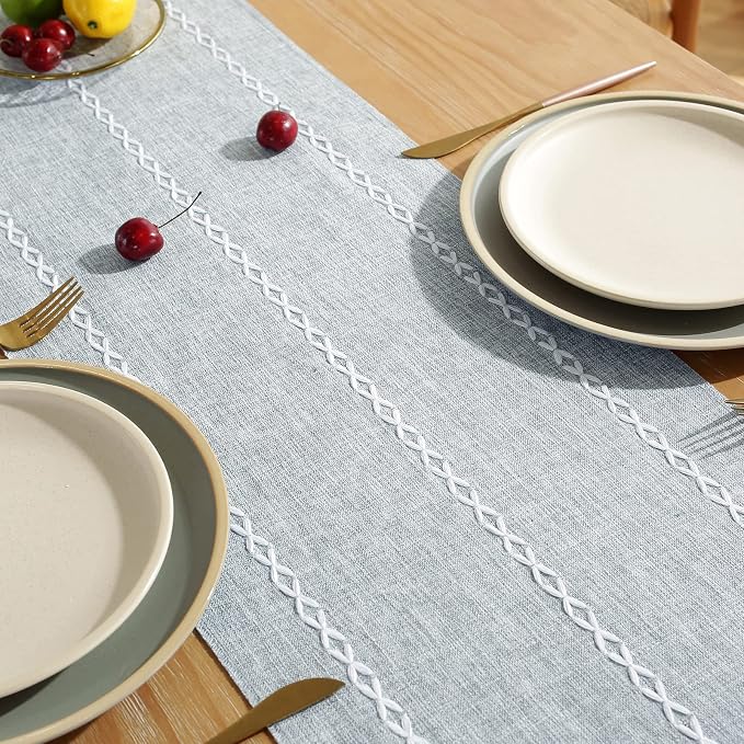 Wracra Rustic Linen Table Runner, Dusty Blue Table Runners 36 inches Long | - Image 5