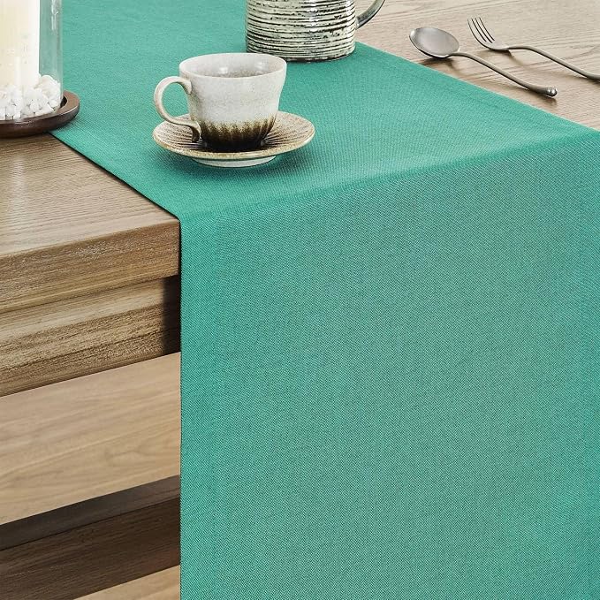 Basic Linen Style Table Runner, 14x36 Inch Teal | Mitered Corner Design - Image 4