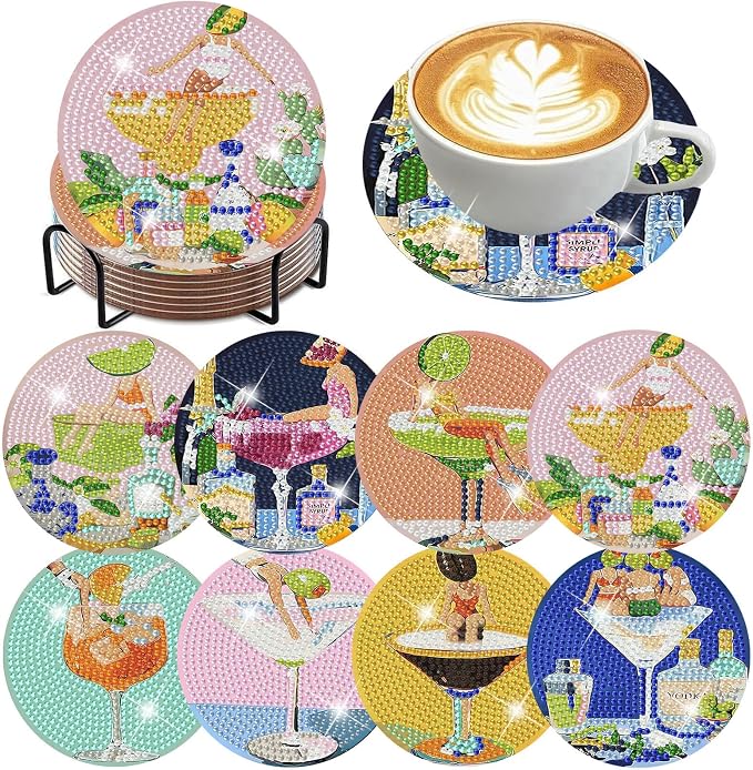 ijbnhd 8 Pcs Cocktail Diamond Art Coasters Kits, 4x4 inch | Cocktail Diamond by ijbnhd