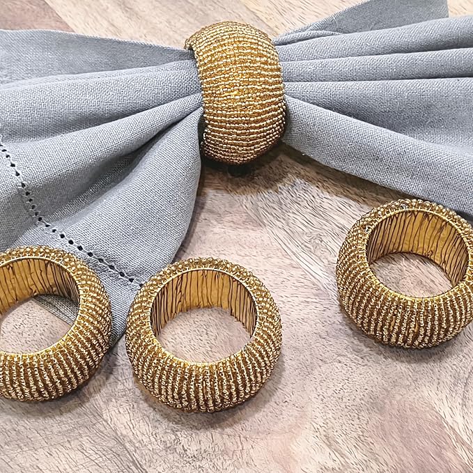 Gold Napkin Ring, Napkin Rings Set of 12, Beaded Napkin Holders, Round Napkin - Image 2