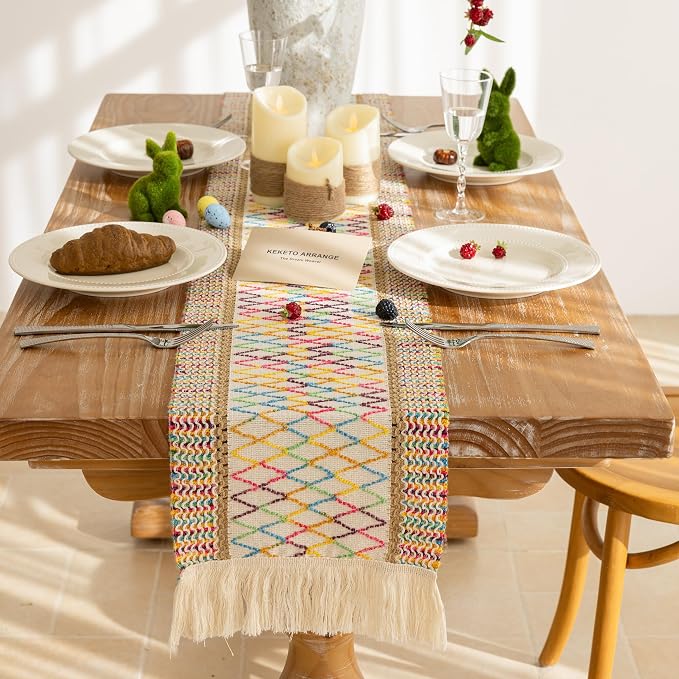 Keketoarrange Boho Macrame Table Runner 12x90 Inch | Woven Burlap Rustic Runner - Image 3