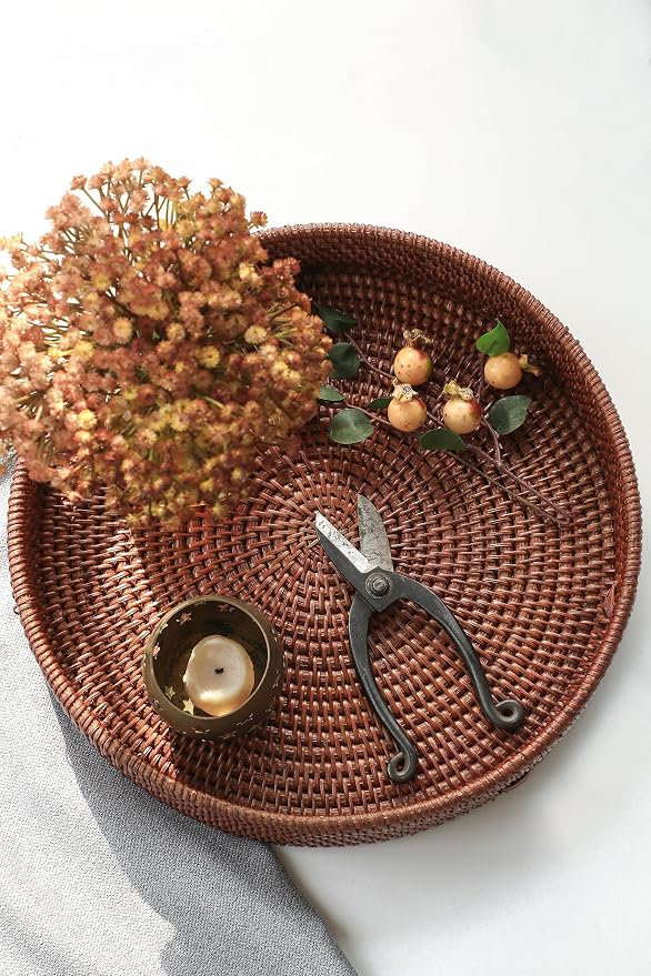 HITOMEN Hand-Woven Round Rattan Serving Tray Decorative Ottoman Wicker Platter - Image 5